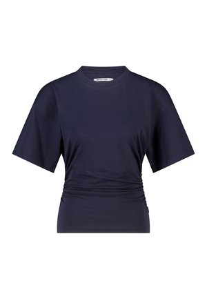 T-shirt bleu marine à manches courtes avec un col rond et un détail froncé ajusté à la taille.