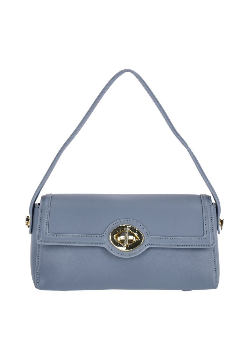Ljusblå läderhandväska med rundad form, utrustad med guldfärgad metallspänne och sydda detaljer på klaffen och väskans kropp.