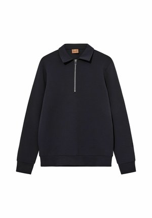 Schwarzer Pullover mit langen Ärmeln, kurzem Frontreißverschluss und Kragen, auf weißem Hintergrund dargestellt.