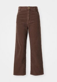 Bruine corduroy wijde broek met hoge taille, voorzien van een knoopsluiting aan de voorkant en twee zijzakken. Glad textuurstof.