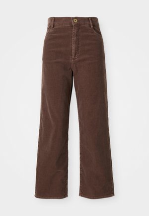 Braune Corduroy-Hose mit weitem Bein und hoher Taille, ausgestattet mit einem vorderen Knopfverschluss und zwei seitlichen Taschen. Glattes, strukturiertes Material.