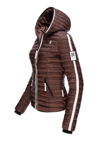Brown puffer jacket with a hood, vertical quilted texture, white side stripes, zippered pockets, and elastic cuffs. Logo patch on sleeve.