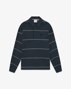 Laivastonsininen pitkähihainen poolopaita, jossa on valkoisia vaakaraitoja ja pieni kirjailtu logo vasemmassa rinnassa.