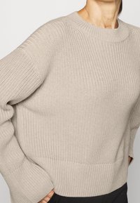 Maglione beige chiaro lavorato a maglia con scollo a girocollo, trama a costine e spalle scese. Presenta una vestibilità leggermente ampia e spacchi laterali all'orlo.