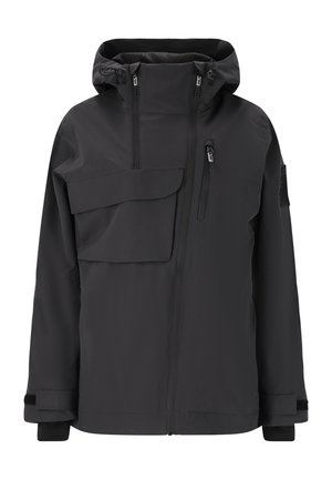 Zwarte waterdichte jas met capuchon, voorzien van een grote voorzak, een ritszak op de borst en verstelbare manchetten. Gladde, duurzame stof.