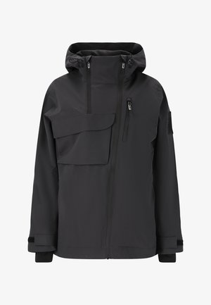 Zwarte waterdichte jas met capuchon, voorzien van een grote voorzak, een ritszak op de borst en verstelbare manchetten. Gladde, duurzame stof.