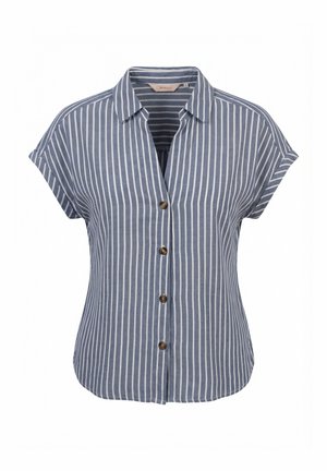 Blusa azul de manga corta con rayas verticales blancas, cierre de botones delantero y cuello clásico, mostrada sobre un fondo blanco.