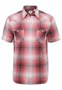 Koszula w kratę z krótkim rękawem w kolorach czerwonym, białym i czarnym, z kołnierzykiem zapinanym na guziki, dwoma kieszeniami na piersi i wzorem w kratę.