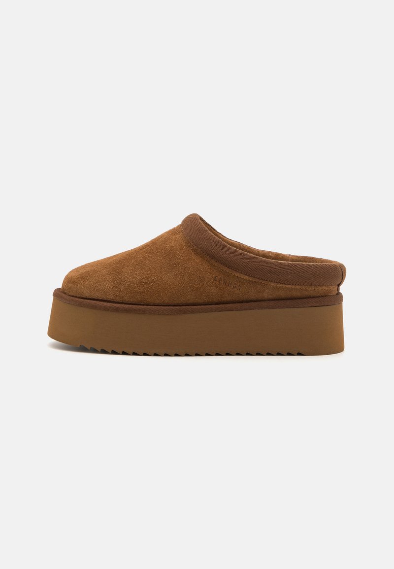 Brown suede clog with a rounded toe, padded collar, and a thick, textured rubber platform sole. Simple design with no visible hardware.