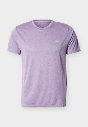 Light purple short-sleeve athletic t-shirt with crew neck and subtle texture, small reflective logo on the left chest.