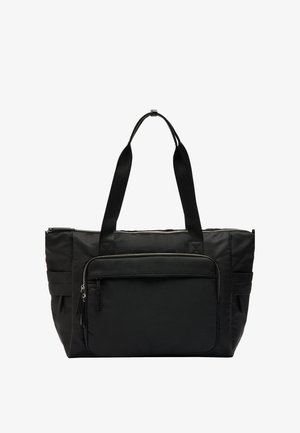 Czarna torba na ramię z nylonu z podwójnymi górnymi uchwytami, przednią kieszenią na zamek i gładką fakturą, charakteryzująca się minimalistycznym designem bez widocznych wzorów.