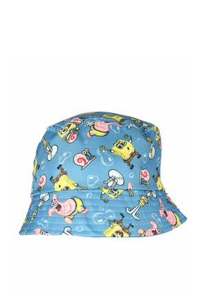 Blauer Fischerhut mit wiederholten SpongeBob Schwammkopf Figuren, darunter SpongeBob, Patrick, Thaddäus und Gary die Schnecke mit Blasendesigns.