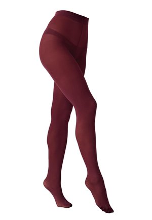 Straight legs wearing sheer burgundy tights with a solid waistband, shown against a white background.