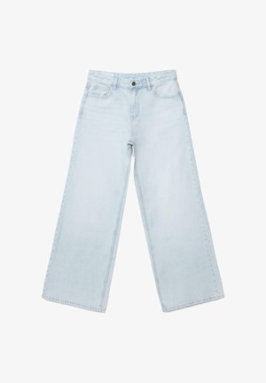 Vaaleansiniset leveälahkeiset farkut, joissa on etutaskut, vyölenkit ja napillinen suljenta.