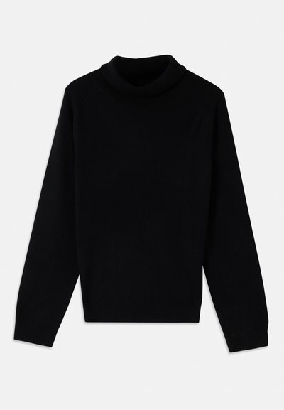 Zwarte coltrui met lange mouwen, gemaakt van een zachte stof. Heeft een ribbelhalslijn en manchetten, wat zorgt voor een relaxed fit.