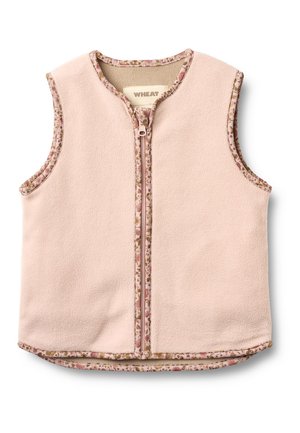 Gilet in pile senza maniche rosa chiaro con bordi floreali e cerniera frontale, progettato per bambini.