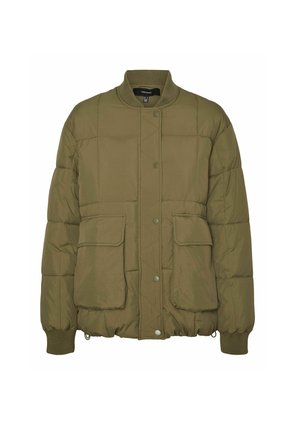 Olivno zeleno podloženo jakno s pokončim ovratnikom, pritisnimi gumbi, dvema sprednjima žepoma, rebrastimi manšetami in rahlo prilegajočo silhueto.