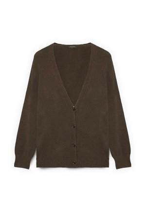 Brown knit cardigan with a v-neck, buttons down the front, and ribbed cuffs and hem. Soft texture and slightly loose fit.