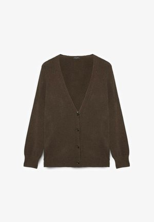 Bruine gebreide cardigan met een V-hals, knopen aan de voorkant, en geribbelde boorden bij de mouwen en zoom. Zachte textuur en licht losse pasvorm.