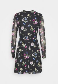 Vestido negro con flores de manga larga, que presenta diversas flores de colores. Tela suave, cintura entallada, falda acampanada y escote redondo.