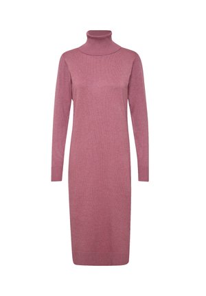 Sweterkowa sukienka z golfem w miękkim odcieniu różu, z długimi rękawami i dopasowanym krojem, o prążkowanej strukturze.
