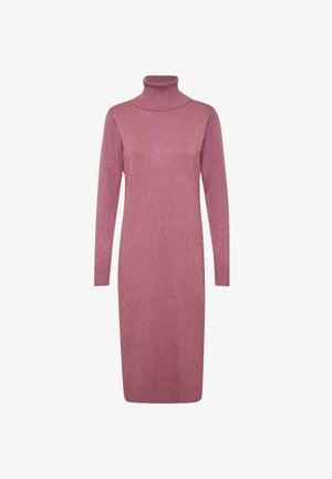Sweterkowa sukienka z golfem w miękkim odcieniu różu, z długimi rękawami i dopasowanym krojem, o prążkowanej strukturze.