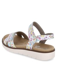 Mehrfarbige Sandalen mit gemustertem Riemendesign, gepolsterter Innensohle und einer weißen, strukturierten Plattformsohle. Verfügt über verstellbare Riemen.