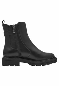 Bottines noires en cuir lisse avec une fermeture éclair sur le côté, un détail de sangle et une semelle en caoutchouc épaisse dotée d'un profil robuste pour une meilleure traction.