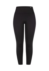 Czarne legginsy z wysokim stanem, wykonane z elastycznego materiału, o gładkiej fakturze i dopasowanym kroju. Bez wyraźnych wzorów ani akcentów.