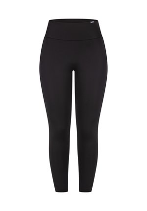 Zwarte legging met een hoge tailleband, gemaakt van rekbaar materiaal, met een gladde textuur en een aansluitend ontwerp. Geen opvallende patronen of accenten.
