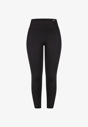 Schwarze Leggings mit einem hohen Bund, aus dehnbarem Material, mit glatter Textur und eng anliegendem Design. Keine auffälligen Muster oder Akzente.