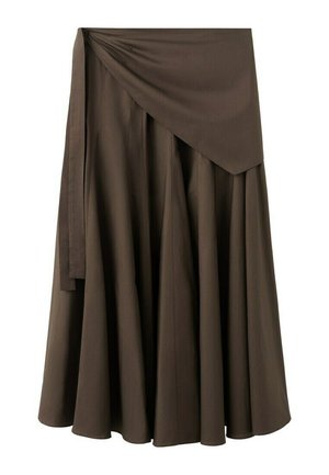 Brązowa midi spódnica kopertowa z szerokim pasem i długim wiązaniem, zdobiona miękkimi plisami dla płynnej sylwetki.