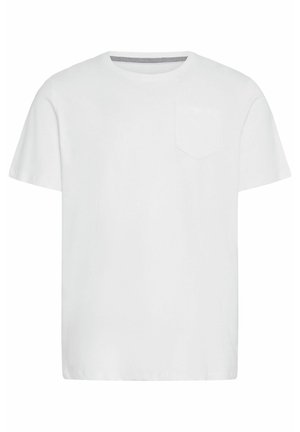 Fehér pamut póló kerek nyakkal, rövid ujjakkal és egyetlen mellzsebbe. Az belső gallér finom halszálka mintázattal rendelkezik.