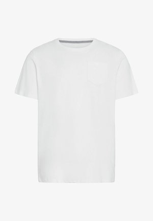 Biała bawełniana koszulka z okrągłym dekoltem, krótkimi rękawami i jedną kieszonką na piersi. Posiada delikatny wzór w rybią skórkę na wewnętrznej stronie dekoltu.