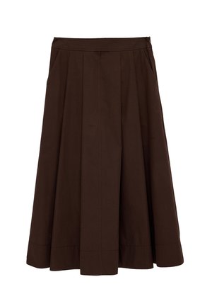 Dunkelbrauner A-Linien-Midirock mit Falten und seitlichen Taschen, maßgeschneiderter Bund und Reißverschlussverschluss vor schlichtem weißem Hintergrund.