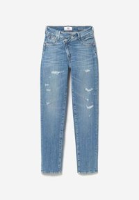 Jean en denim bleu clair avec une coupe droite, des détails usés et cinq poches. Doté d'une fermeture traditionnelle à bouton et fermeture éclair.