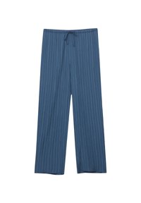 Blå vida byxor med vertikala ränder, elastisk midja och snörning. Tyget verkar lätt och har en slät textur.