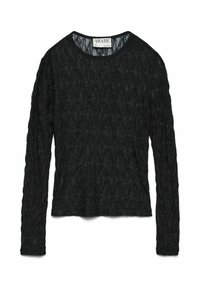 Zwart langarm T-shirt van een textuur met een lichte stof, met een ronde hals en een ontspannen pasvorm. Soepele naden en subtiele patroondetails.