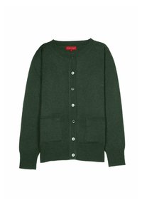 Cardigan vert en tissu tricoté, avec un col rond, une fermeture par boutons, deux poches avant et des poignets et un ourlet côtelés.
