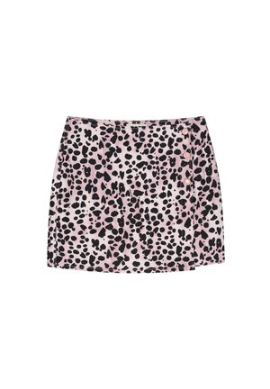 Roze minirok met zwarte onregelmatige vlekken en vier roze knopen aan de rechterkant aan de voorkant.