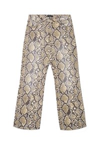 Hosen aus Kunstleder mit einem beigen und braunen Schlangenprintmuster, ausgestattet mit einem geraden Bein und traditionellem Fünf-Taschen-Design.