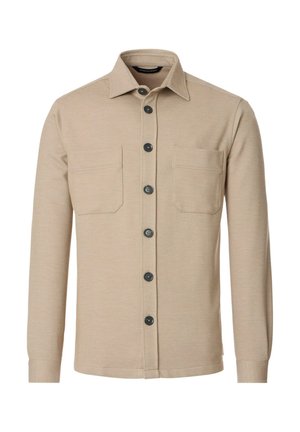 Beige overhemd met lange mouwen, twee borstzakken en donkere knopen. Gemaakt van een gestructureerde stof met een klassieke kraagontwerp.