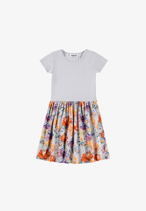 Grey ribbed bodice dress with short sleeves, transitioning to a floral-printed flared skirt in orange, purple, and yellow hues.