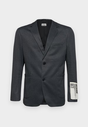 Tumehall blazer, millel on kaks esikot ja üksnupp sulgemine. Voodrichi tekst detail varrukal. Sujuv tekstuur.