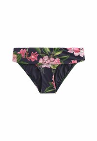 Blommiga bikiniunderdelar med en mörk marin bakgrund, livliga rosa blommor och gröna löv, tillverkade av ett mjukt och stretchigt tyg.