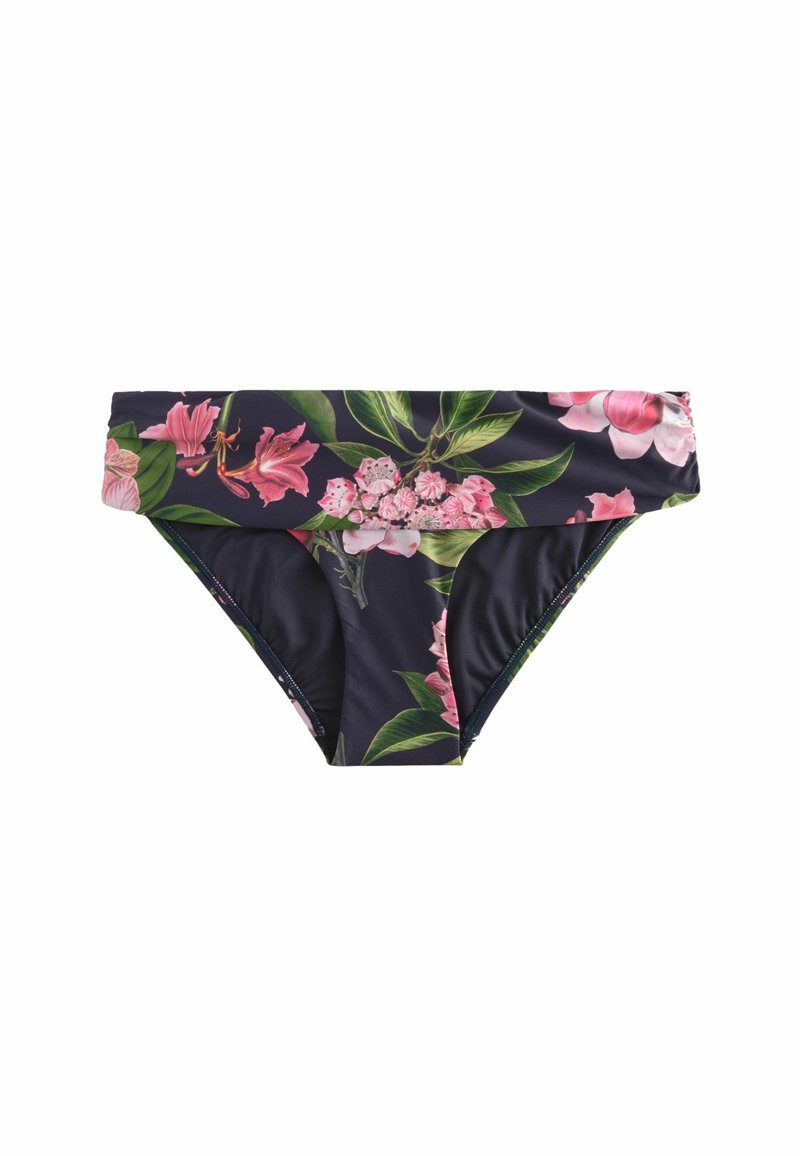Blommiga bikiniunderdelar med en mörk marin bakgrund, livliga rosa blommor och gröna löv, tillverkade av ett mjukt och stretchigt tyg.
