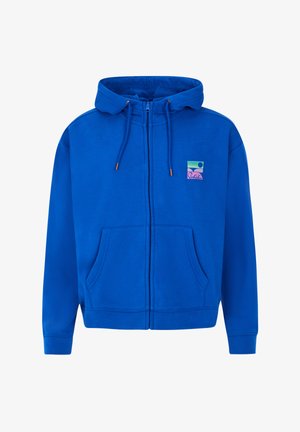 Blauwe rits hoodie met een voorkeurszak, trekkoordkap en een meerkleuren logo patch op de borst. Zachte stof met een klassieke pasvorm.