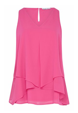 Ärmellose, leuchtend pinke Bluse mit Lagen, V-Ausschnitt und kleinem Schlüsselloch-Knopfverschluss am hinteren Kragen.