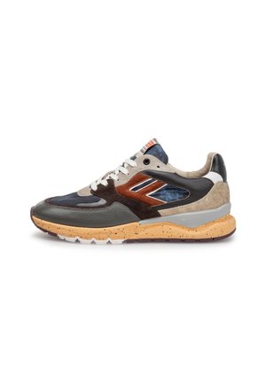 Casual sneaker with multi-material upper in shades of blue, brown, beige, and black, white laces, and orange-speckled sole on white background.