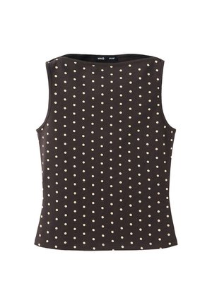 Haut noir sans manches avec des pois crème espacés uniformément, encolure droite et taille ajustée, présenté sur fond blanc.
